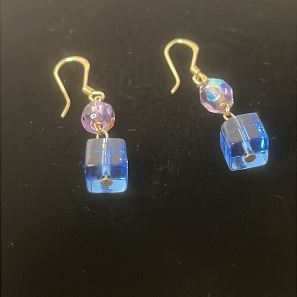 925 Silver Iridescent Purple and Blue Glass Bead Dangle Hook Earrings - Picture 2 of 4